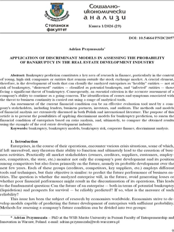 Aplication of Discriminant Models in Assessing the Probablity of Bankruptcy in the Real Estate Development Industry
